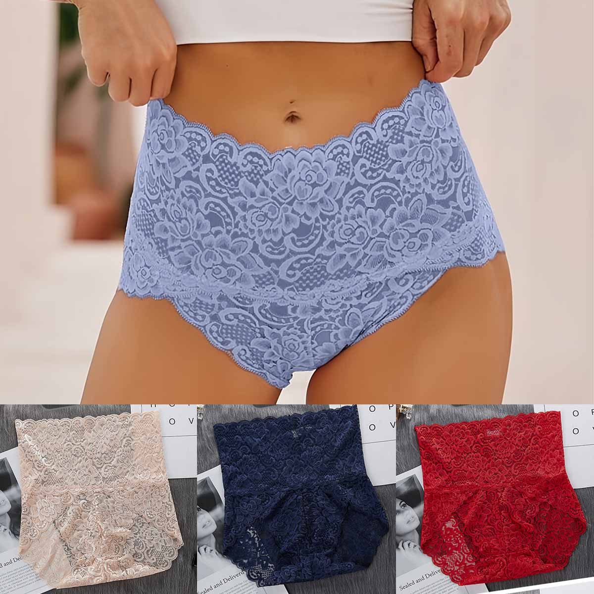 (6 броя) - Антибактериален дантелен бикини с висока талия