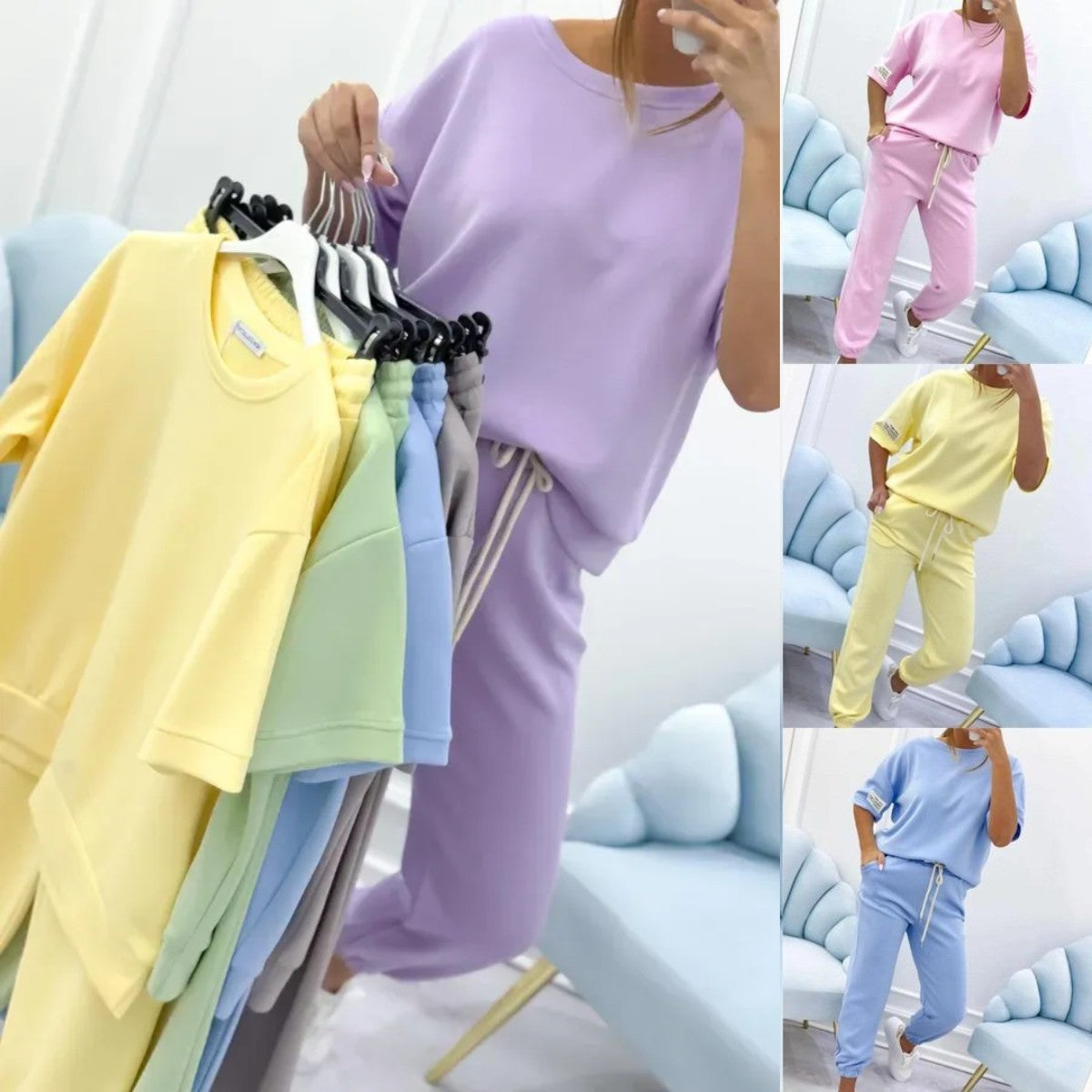 【S-5XL】Дамски ежедневен комплект, включващ едноцветен топ и панталон.