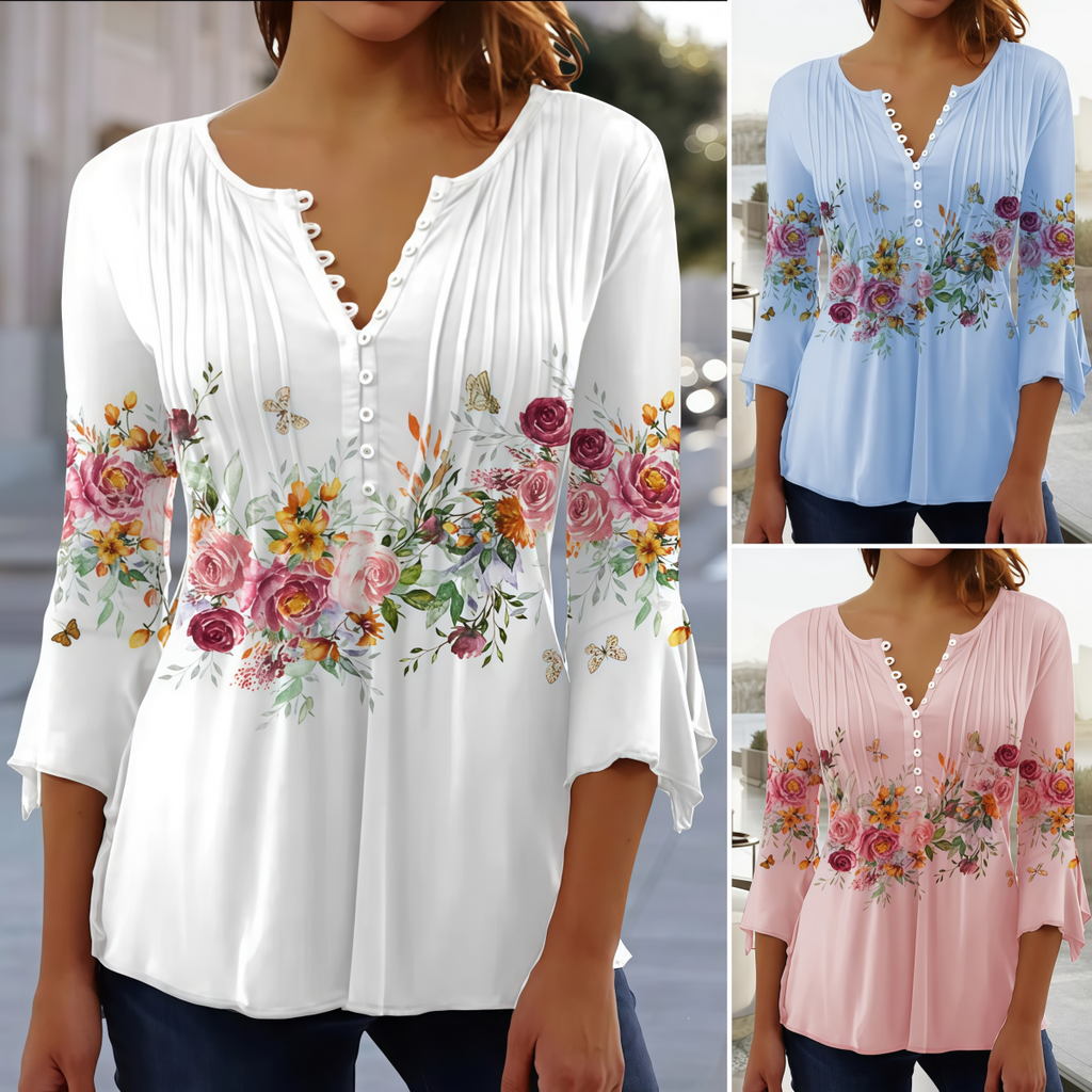 🔥Промоция – Намаление 40%🌸【S-5XL】Елегантна дамска тениска с V-образно деколте и принт