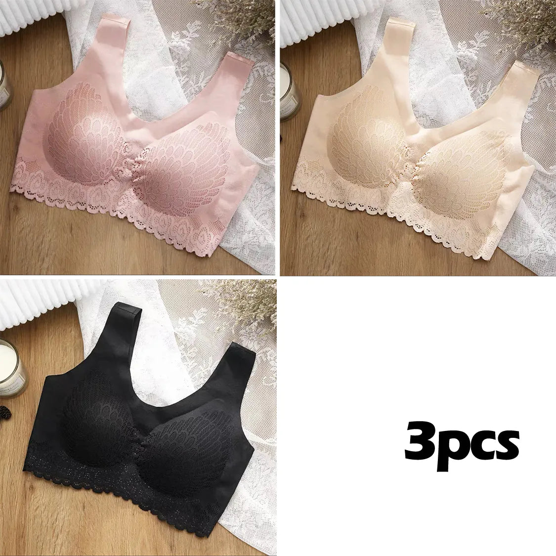 🔥【Paket 3】Úžasná čipkovaná bezšvová podprsenka z ľadového hodvábu, bez kostíc