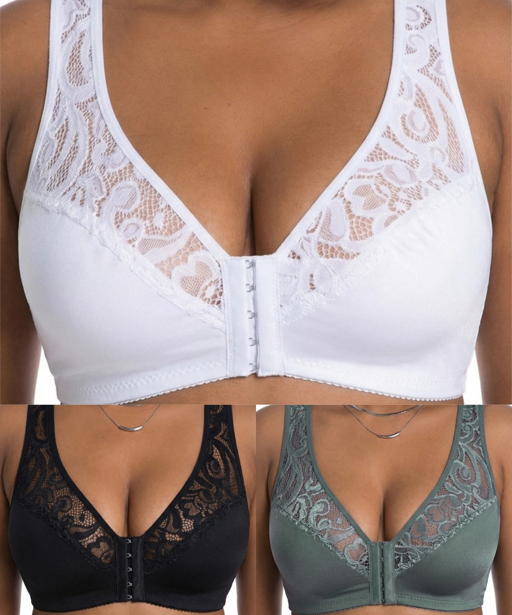 💖 Najniższa cena w historii 【Zestaw 3-częściowy】 【L–4XL】 😍🩲 Biustonosz push-up w dużym rozmiarze – piękne koronki, efekt push-up i ażurowe zdobienia, zapięcie z przodu