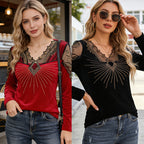 ✨Промоция – Намаление до 50%✨【M-4XL】Нова дамска кадифена дългосръкавна тениска с V-образно деколте, елегантна и изискана
