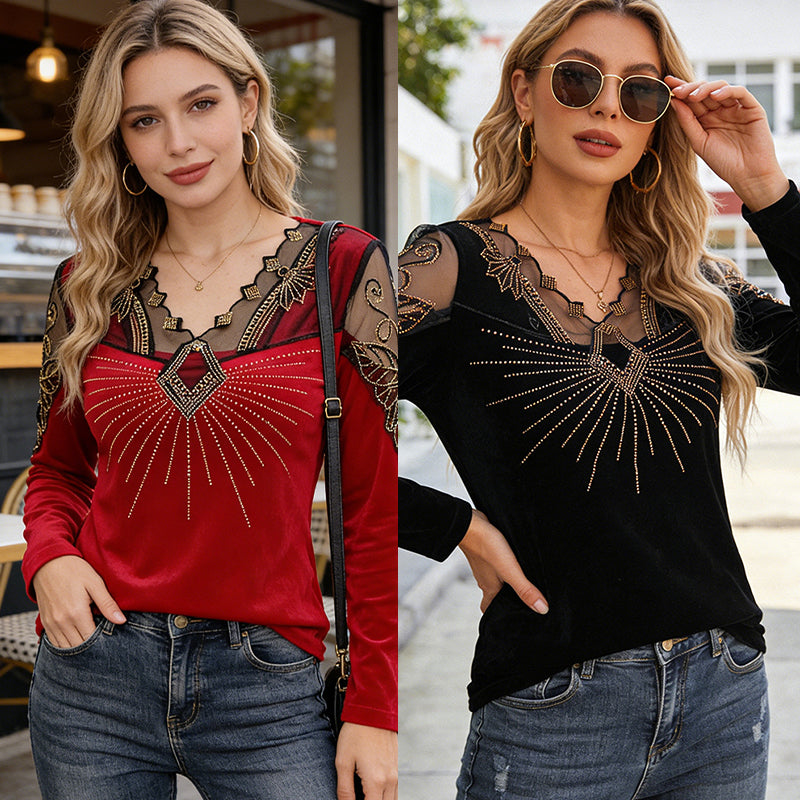 ✨Промоция – Намаление до 50%✨【M-4XL】Нова дамска кадифена дългосръкавна тениска с V-образно деколте, елегантна и изискана