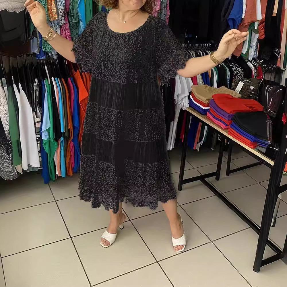 🔥Специална оферта – Намаление до 50%👗【S-5XL】Дантелена рокля с къс ръкав и обло деколте, изящна изработка, лека и удобна