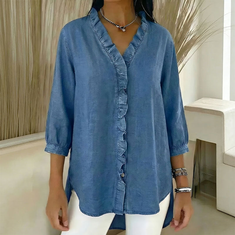 Дамска дънкова риза с V-деколте