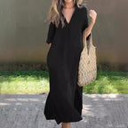 【S–3XL】Дълга ленена рокля с V-образно деколте и цепки, удобна и лека за лятото