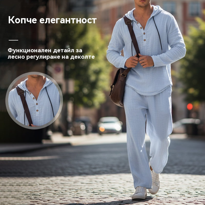 Нов мъжки ежедневен комплект — суичър с качулка + свободен панталон, изработени от свежа и комфортна ленена материя