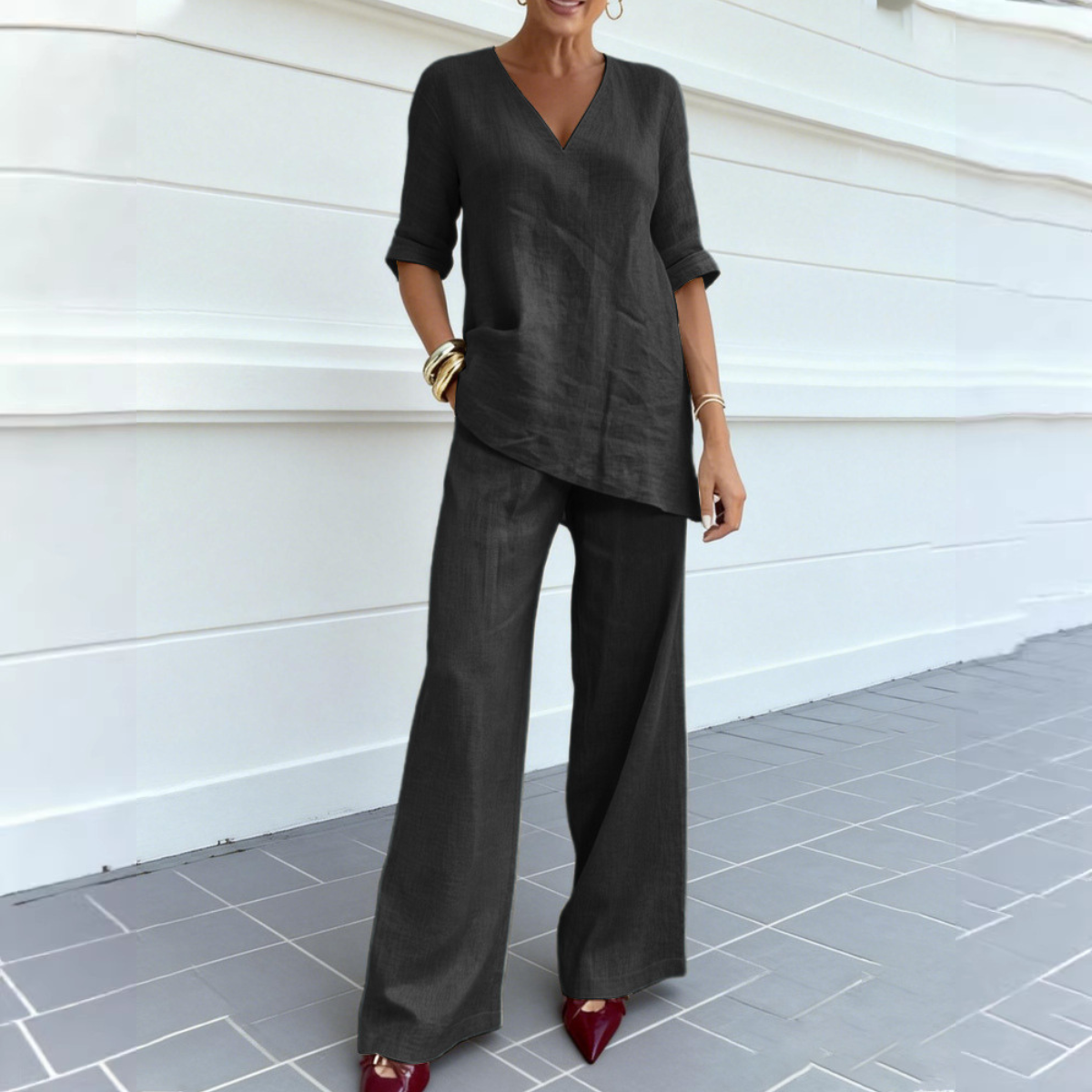 【40-100кг】2026 Памучно-ленен топ с къс ръкав и V-образно деколте + ежедневни панталони с прав крачол