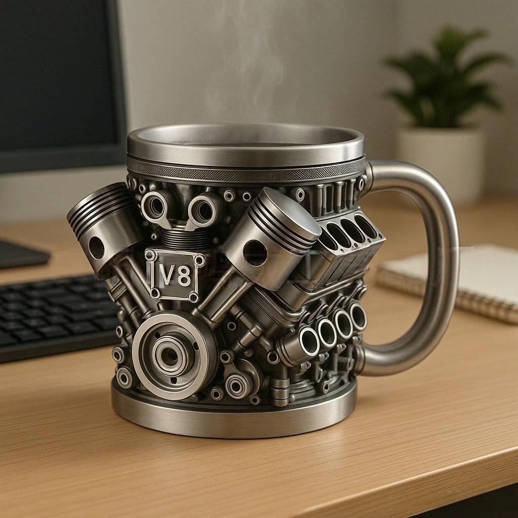 ☕️ Чаша за кафе от неръждаема стомана с тема двигател V6/V8 [11*11,5*8 см]