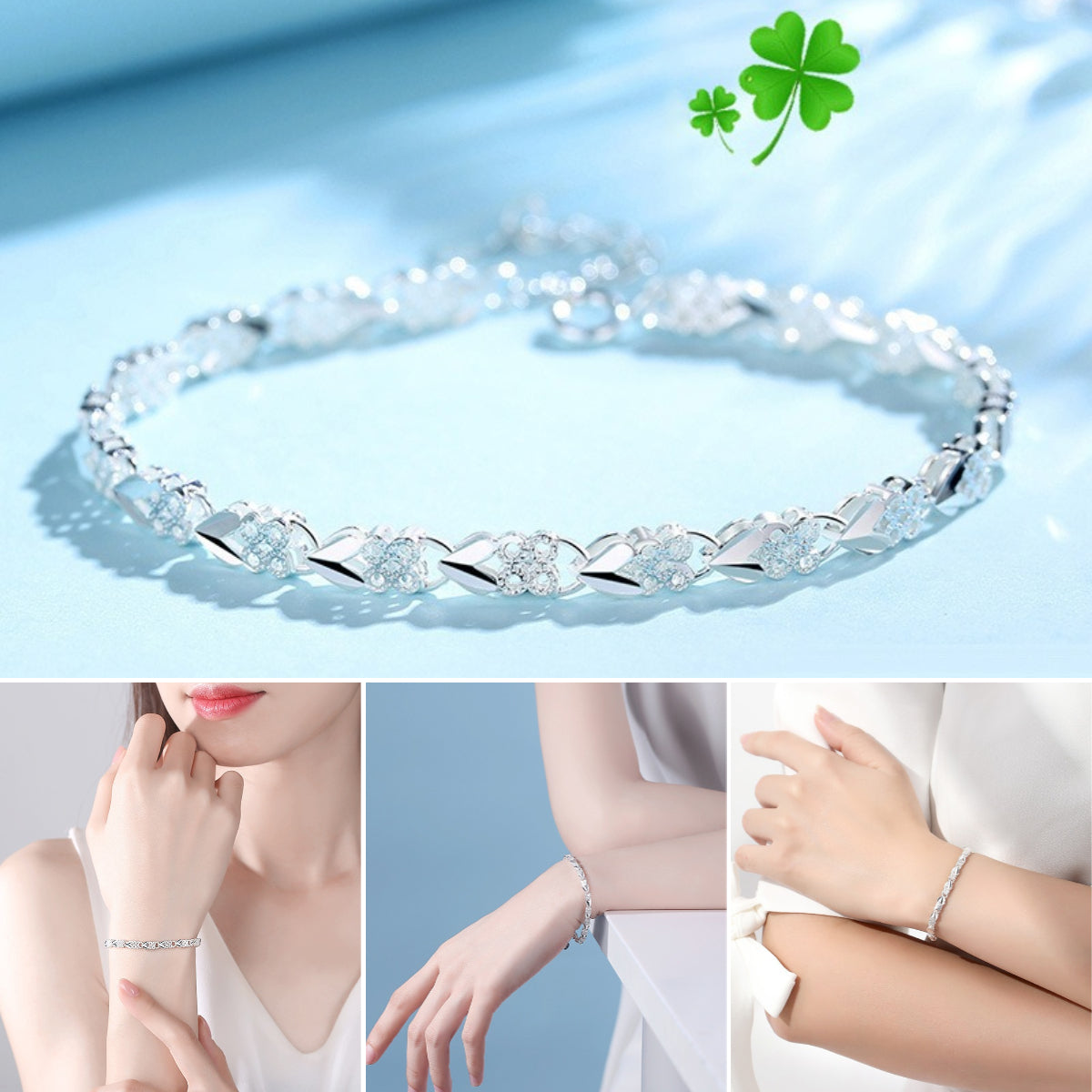 😀👉【Купете 1, вземете 1 безплатно!】💖🍀Абсолютно обожавам тази нова гривна от сребро 925 с четирилистна детелина, толкова е стилна!
