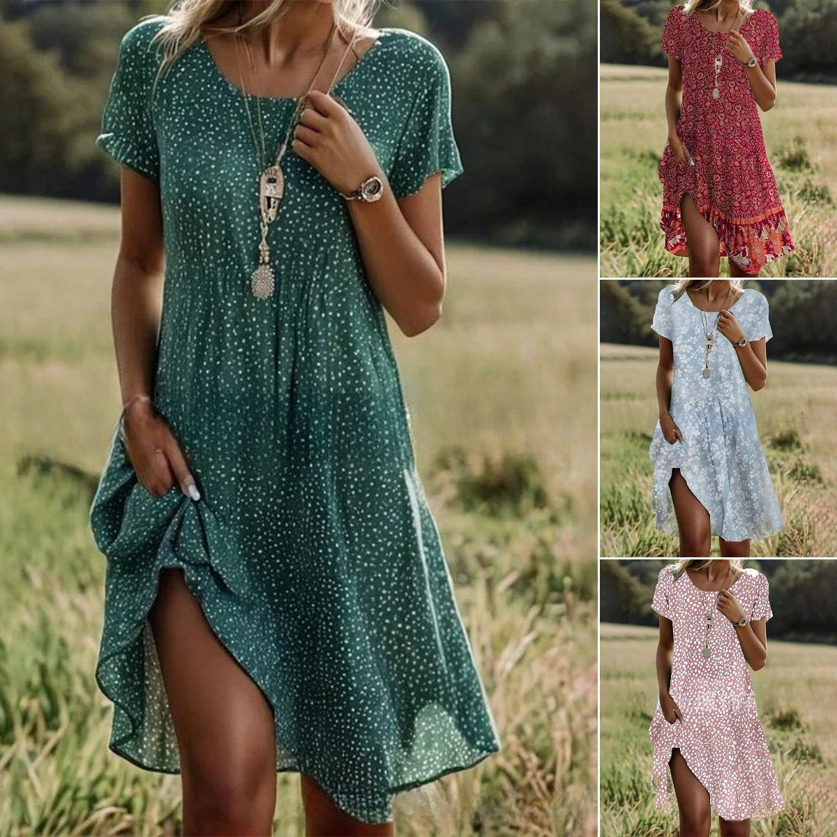 【S-3XL】👗Пролетно/лято Най-продаваната ежедневна рокля с щампа и кръгло деколте