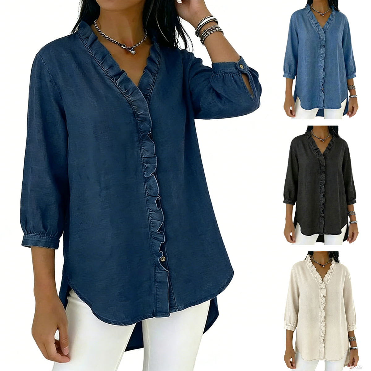 Дамска дънкова риза с V-деколте