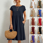 💖Горещи продажби👗【S-5XL】2026 Нова дамска рокля от памук и лен, с обло деколте и свободна кройка