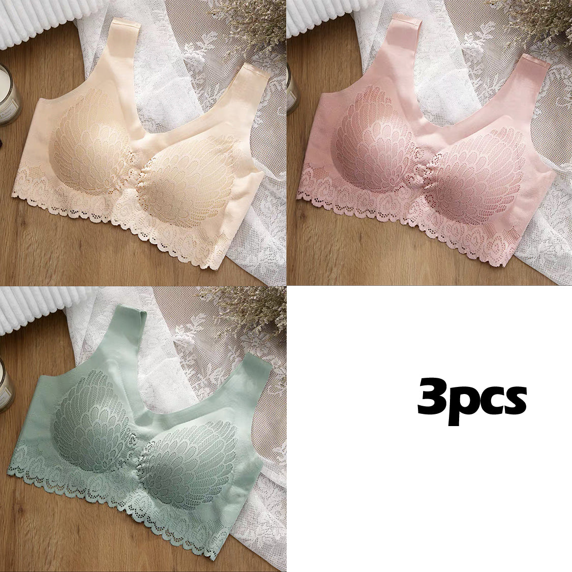 🔥【Paket 3】Úžasná čipkovaná bezšvová podprsenka z ľadového hodvábu, bez kostíc