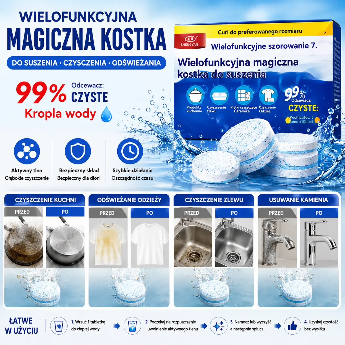 🎁【60 sztuk】Wielofunkcyjne tabletki musujące do dekontaminacji w magicznej kostce, tabletki musujące do odtłuszczania odzieży, tabletki musujące do usuwania kamienia z aktywnym tlenem