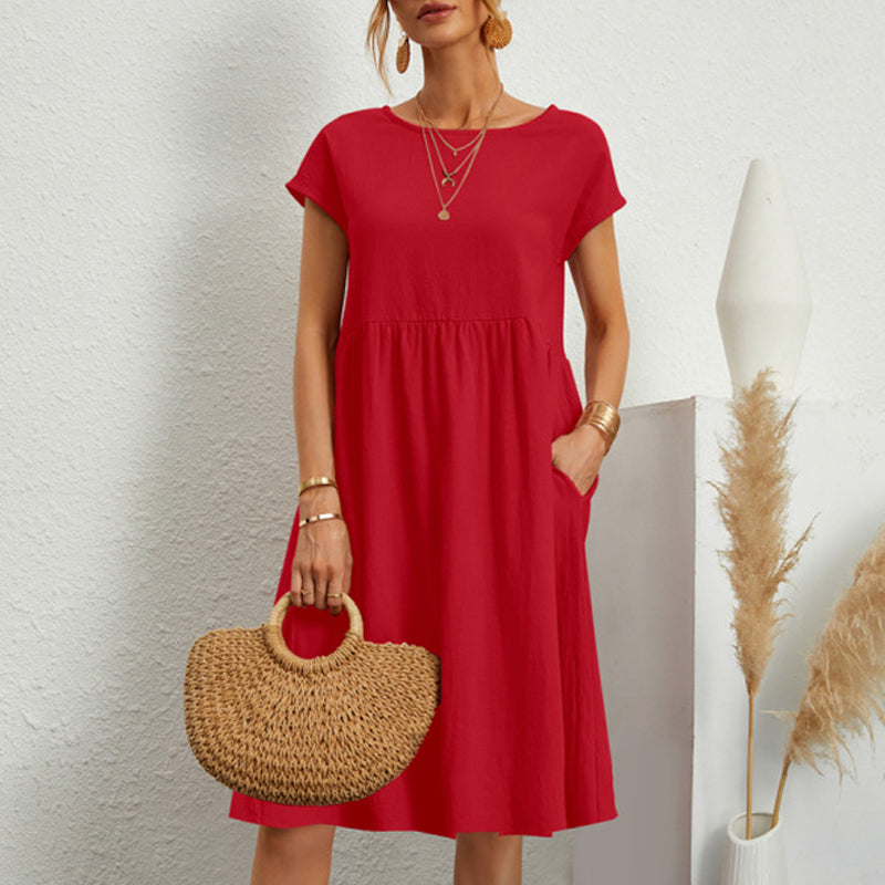 💖Горещи продажби👗【S-5XL】2026 Нова дамска рокля от памук и лен, с обло деколте и свободна кройка