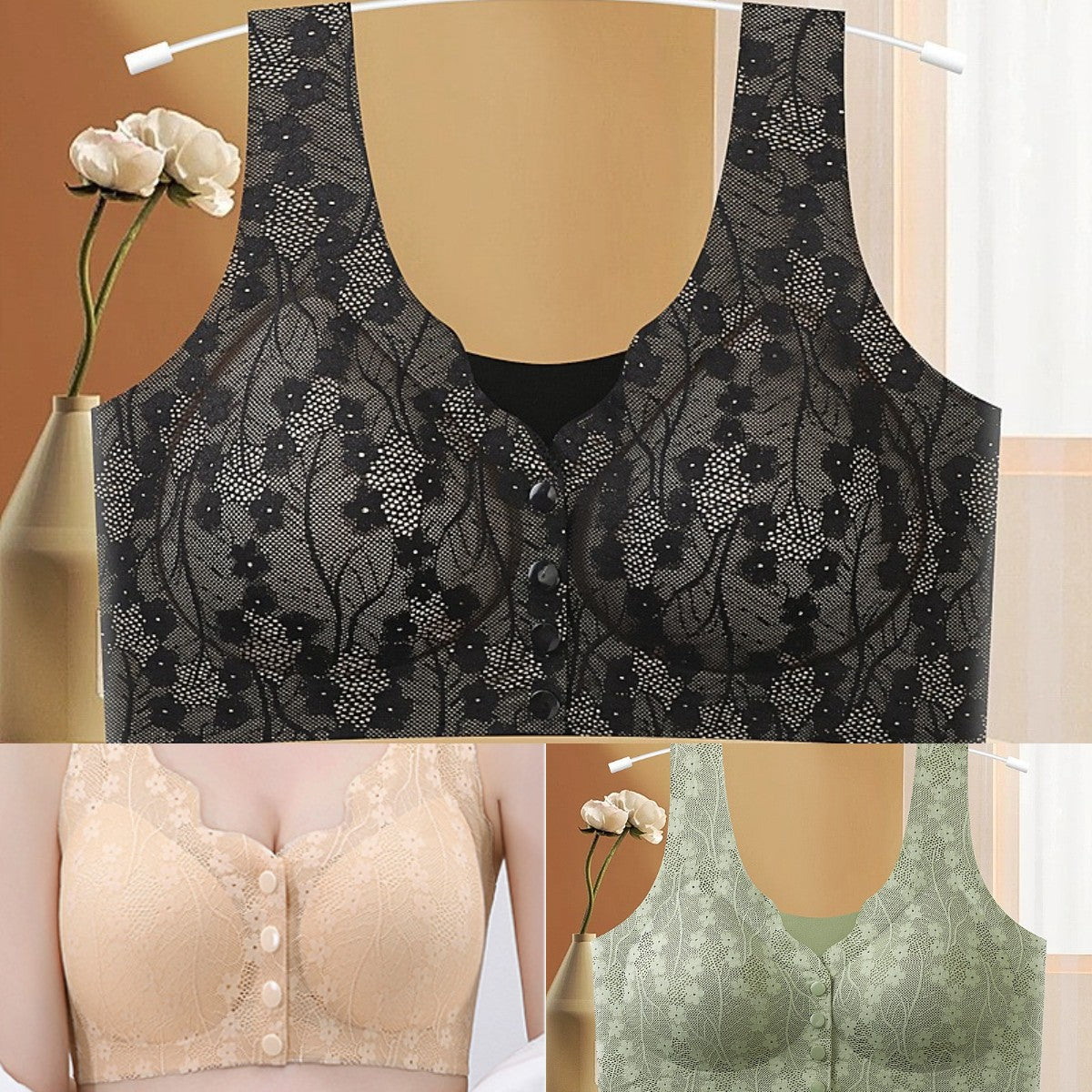 😍【3-delni komplet】Ženski nedrček brez žic z gumbi na sprednji strani❤️【40-100kg】