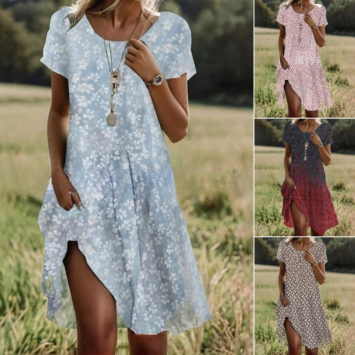 【S-3XL】👗Пролетно/лято Най-продаваната ежедневна рокля с щампа и кръгло деколте