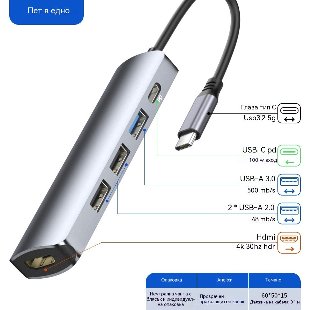 🔥【Ограничено време: 50% намаление!】🔌Преносим USB-C хъб 5 в 1 с 4K HDMI изход