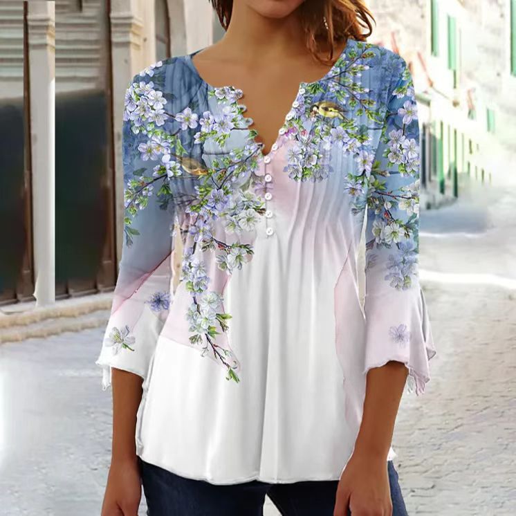 🔥Промоция – Намаление 40%🌸【S-5XL】Елегантна дамска тениска с V-образно деколте и принт