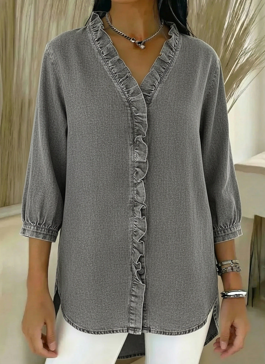 Дамска дънкова риза с V-деколте