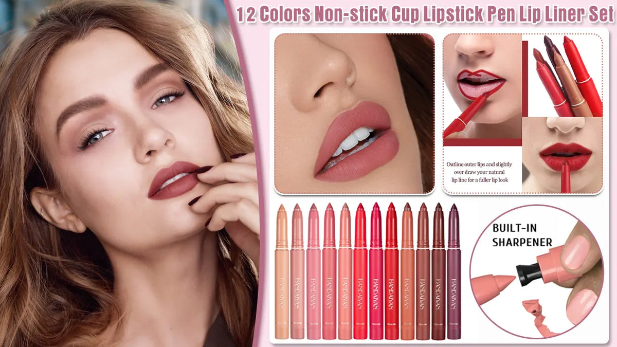 💋💄【1 zestaw 12 kolorów】12  kolory Zestaw nieprzywierających kredek do ust