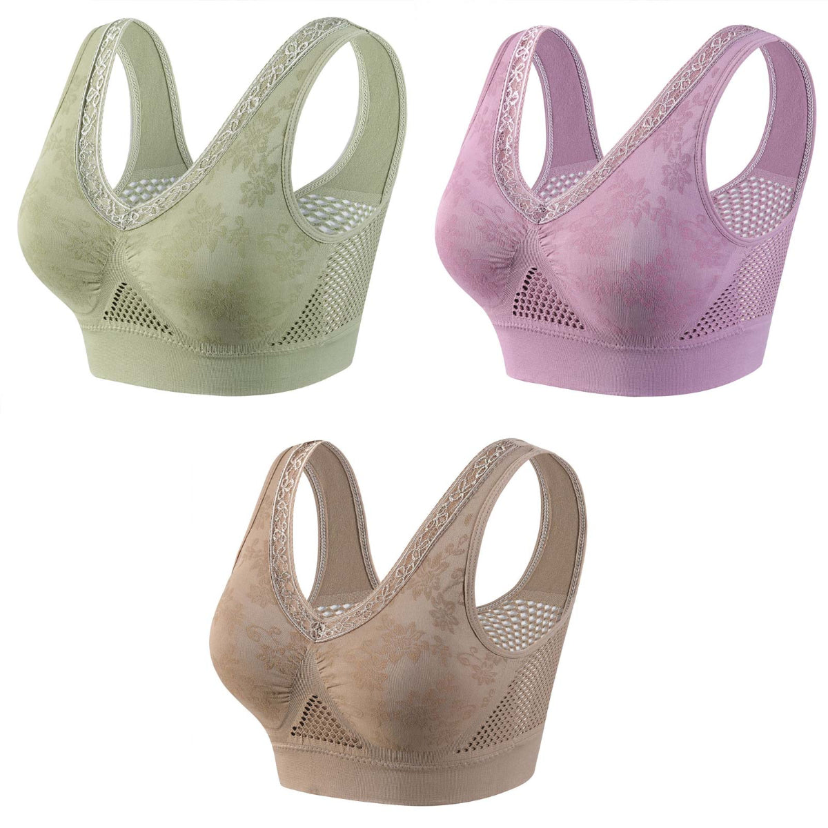 【1 komplet 3 kosov】Ženski brezžični čipkasti nedrček z visoko podporo