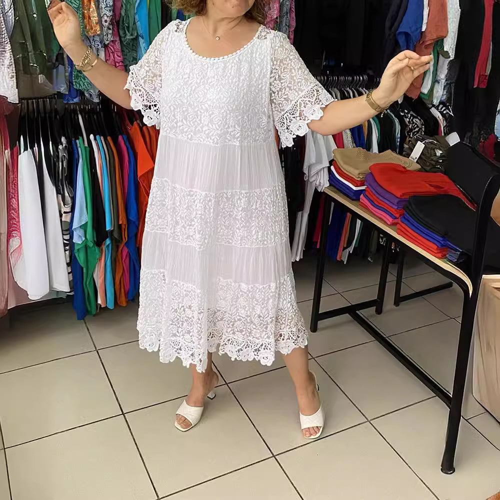 🔥Специална оферта – Намаление до 50%👗【S-5XL】Дантелена рокля с къс ръкав и обло деколте, изящна изработка, лека и удобна