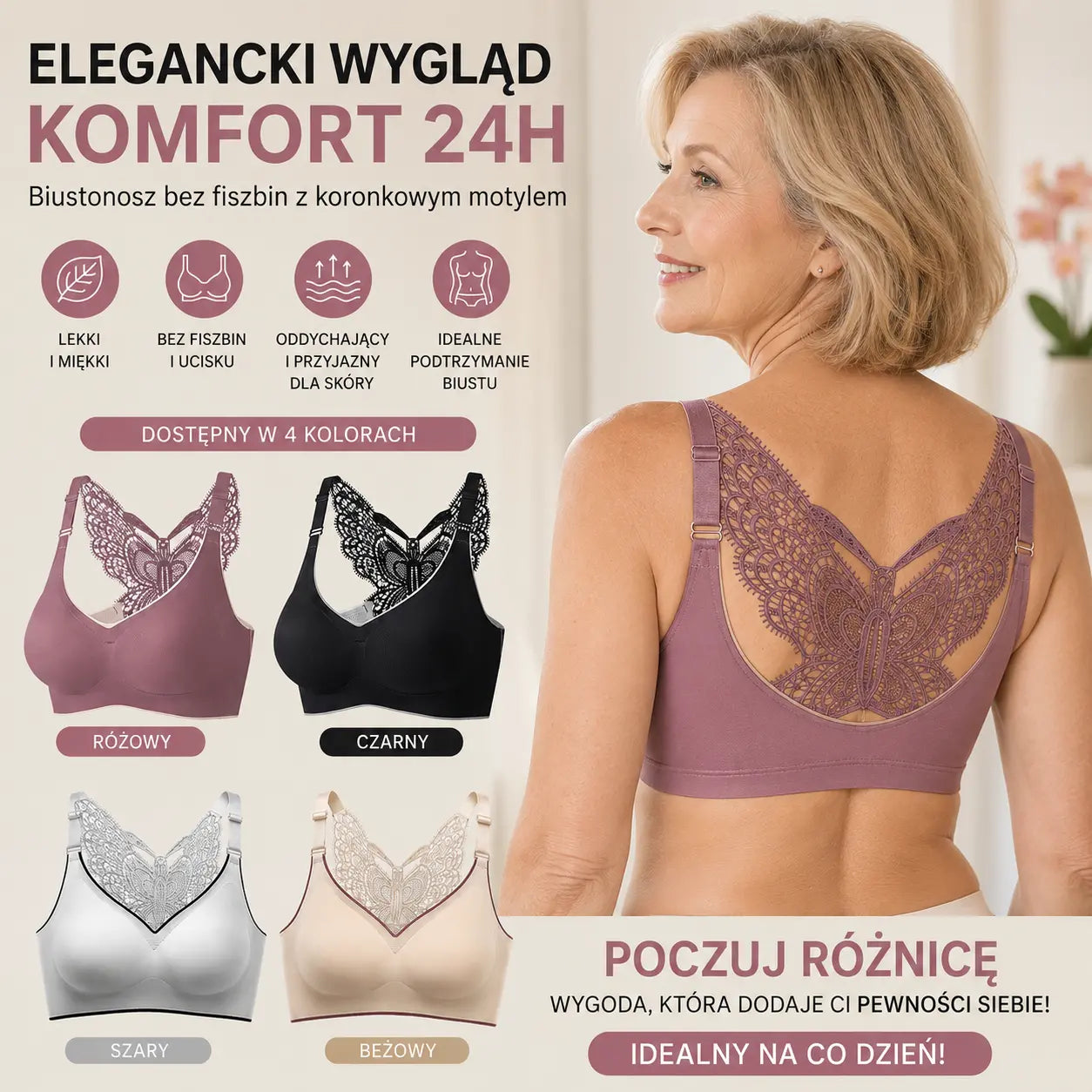 💞【Zestaw 4-częściowy】🎁Biustonosz bez fiszbin z haftem motylkowym — bez fiszbin, zapewniający podtrzymanie przez cały dzień✨【45~125 kg】