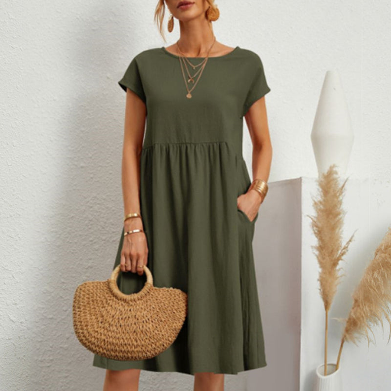 💖Горещи продажби👗【S-5XL】2026 Нова дамска рокля от памук и лен, с обло деколте и свободна кройка