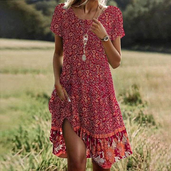 【S-3XL】👗Пролетно/лято Най-продаваната ежедневна рокля с щампа и кръгло деколте