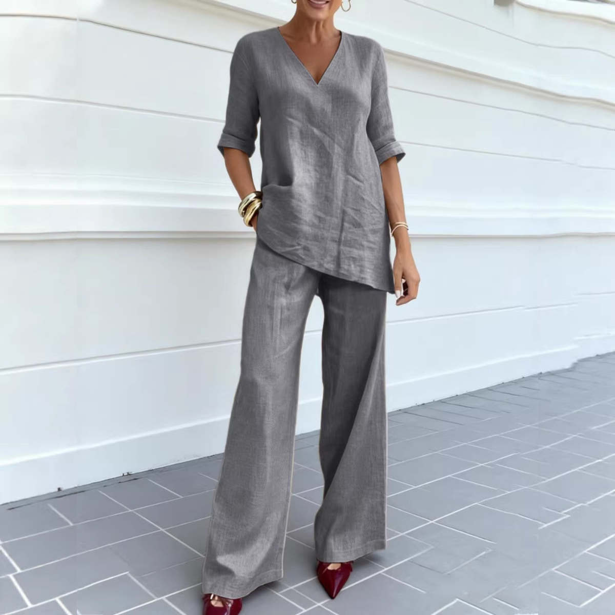 🔥Горещи продажби🔥【40-100кг】2026 Памучно-ленен топ с къс ръкав и V-образно деколте + ежедневни панталони с прав крачол