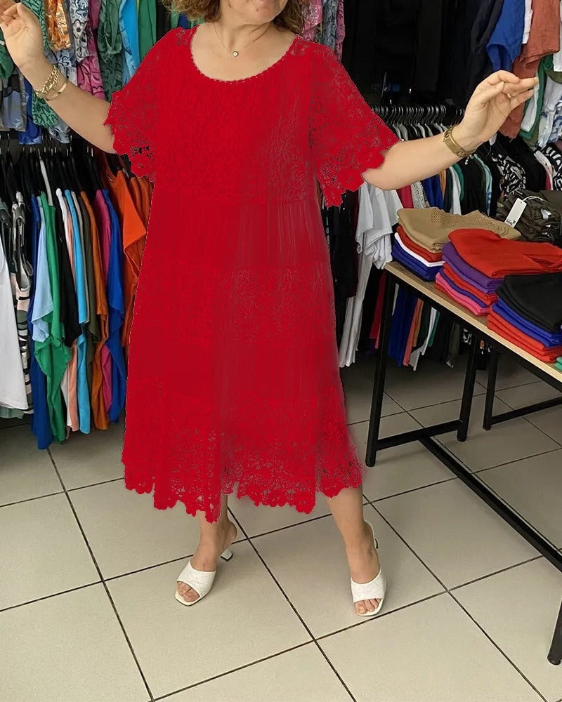 🔥Специална оферта – Намаление до 50%👗【S-5XL】Дантелена рокля с къс ръкав и обло деколте, изящна изработка, лека и удобна