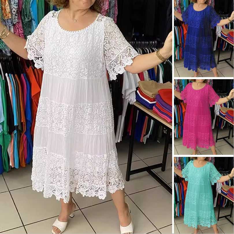🔥Специална оферта – Намаление до 50%👗【S-5XL】Дантелена рокля с къс ръкав и обло деколте, изящна изработка, лека и удобна